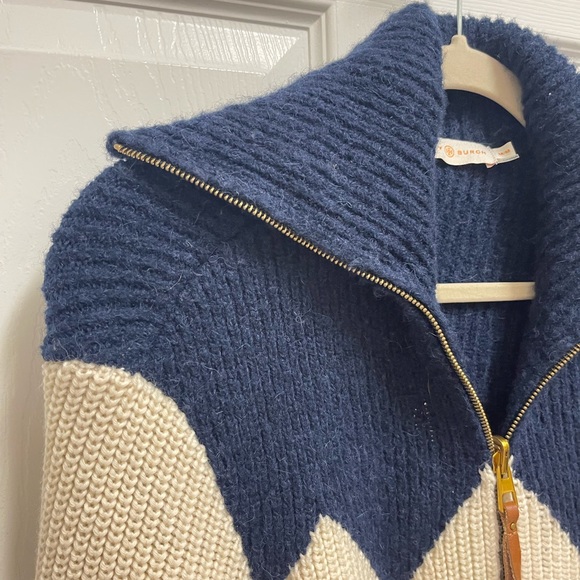 Tory Burch Cream and Navy Zip Front Wool Blend Jacket - Picture 4 of 12